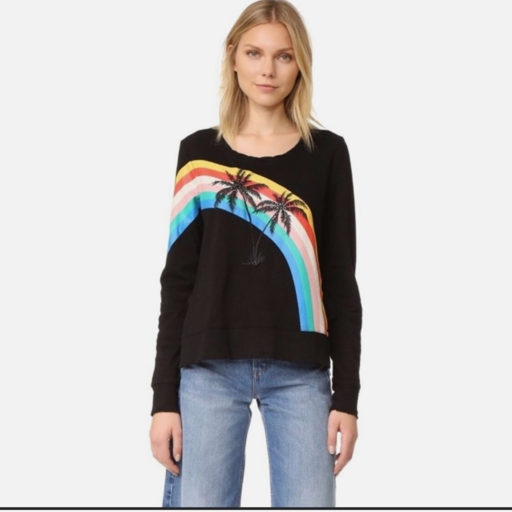Pam & Gela Black Sweatshirt with Rainbow and beaded Palm Design split tie side P